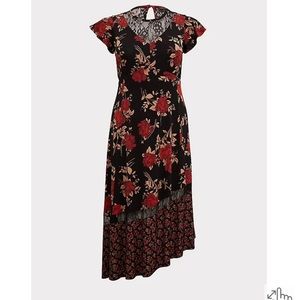 BLACK LACE & STUDIO KNIT FLORAL ASYMMETRICAL MIDI DRESS
